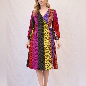 New York & Company NY&Co Geometric Multicolor Long Sleeve Wrap Dress XS Pink Red